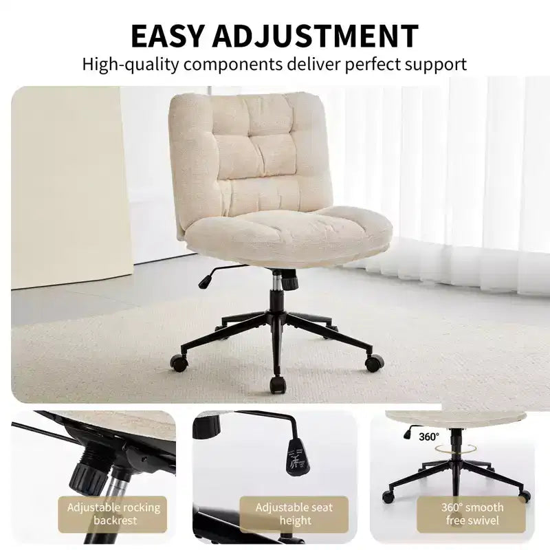 Chaise en chenille croisée avec roulettes, chaise de bureau large pour coiffeuse, chaise de bureau pivotante à 360° et réglable en hauteur pour chambre à coucher