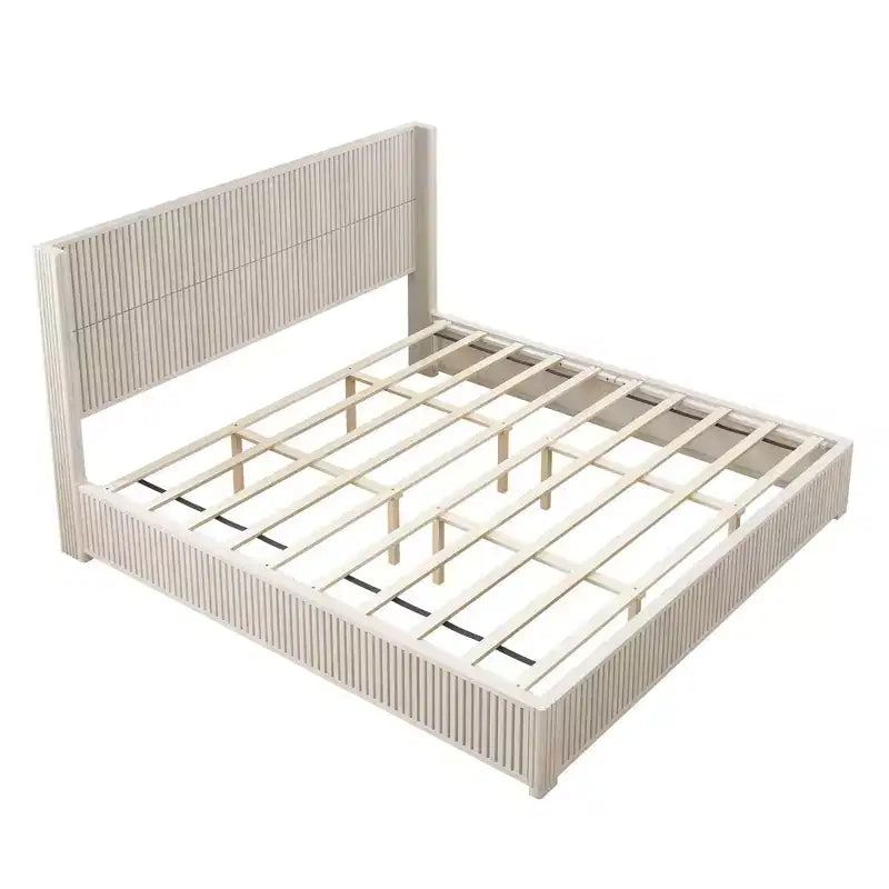 Cadre de lit plateforme King Size en bois massif avec tête de lit, aucun sommier tapissier requis et montage facile, beige