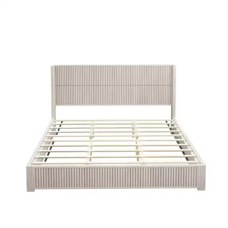 Cadre de lit plateforme King Size en bois massif avec tête de lit, aucun sommier tapissier requis et montage facile, beige