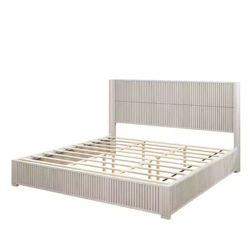 Cadre de lit plateforme King Size en bois massif avec tête de lit, aucun sommier tapissier requis et montage facile, beige