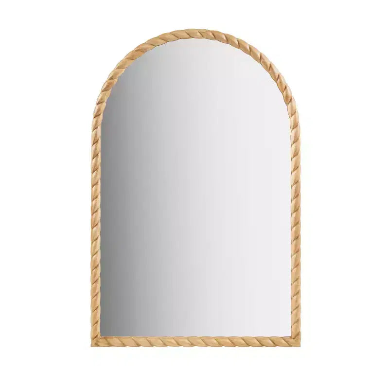Miroir décoratif mural en arc de 24 x 36 po avec cadre élégamment tressé en bois d'hévéa, accent moderne pour chambre à coucher, salle de bain, salon