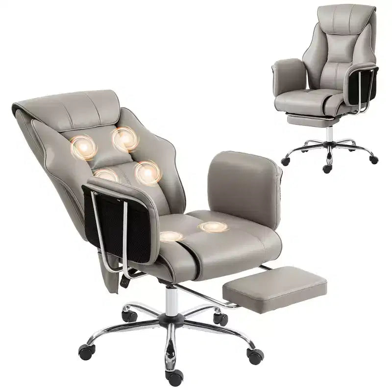 Fauteuil de bureau massant avec 6 points de vibration, fauteuil inclinable surrembourré à dossier haut, en cuir PU, hauteur réglable, roulettes pivotantes