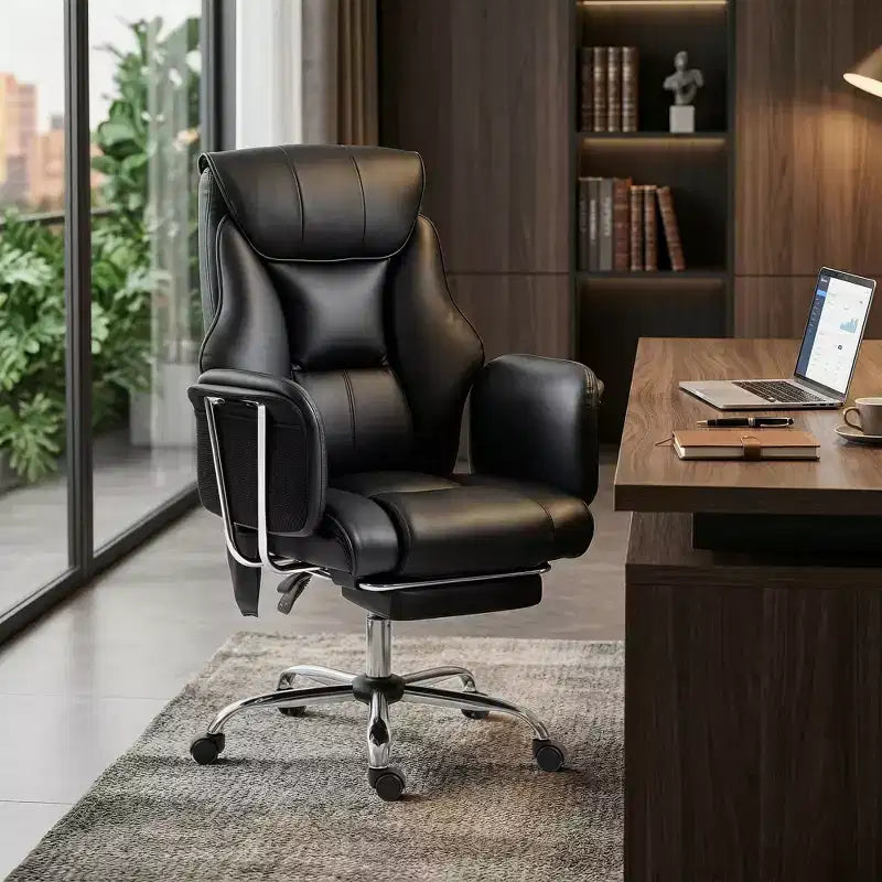 Fauteuil de bureau massant avec 6 points de vibration, fauteuil inclinable surrembourré à dossier haut, en cuir PU, hauteur réglable, roulettes pivotantes