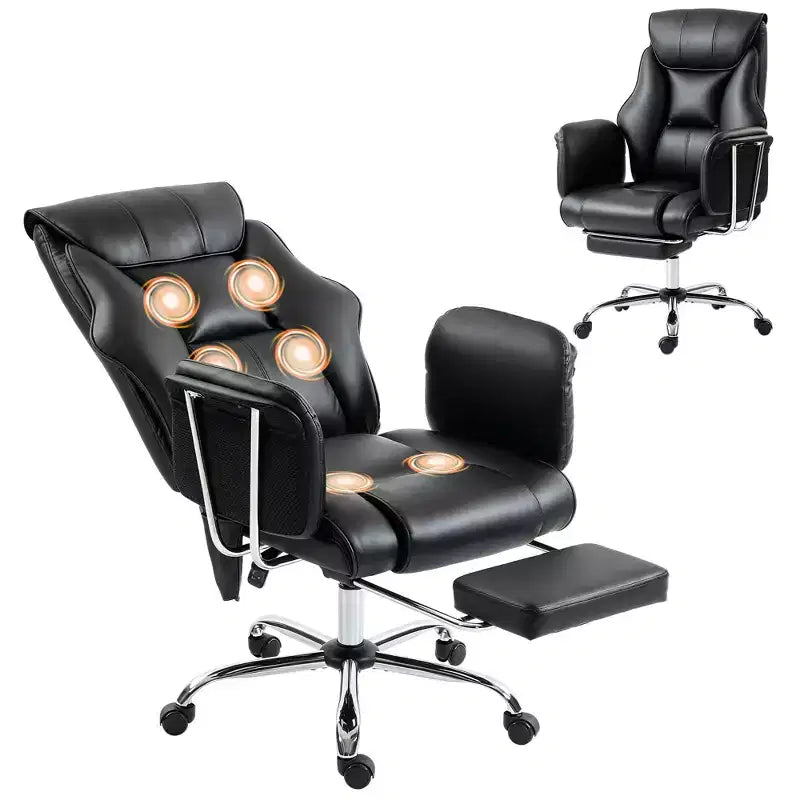 Fauteuil de bureau massant avec 6 points de vibration, fauteuil inclinable surrembourré à dossier haut, en cuir PU, hauteur réglable, roulettes pivotantes