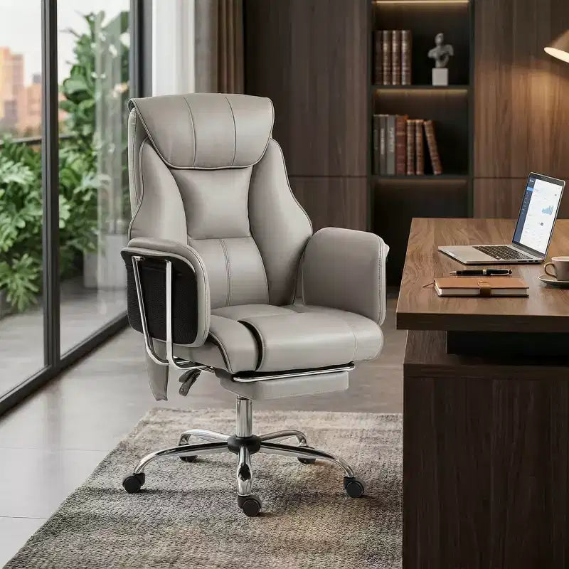 Fauteuil de bureau massant avec 6 points de vibration, fauteuil inclinable surrembourré à dossier haut, en cuir PU, hauteur réglable, roulettes pivotantes