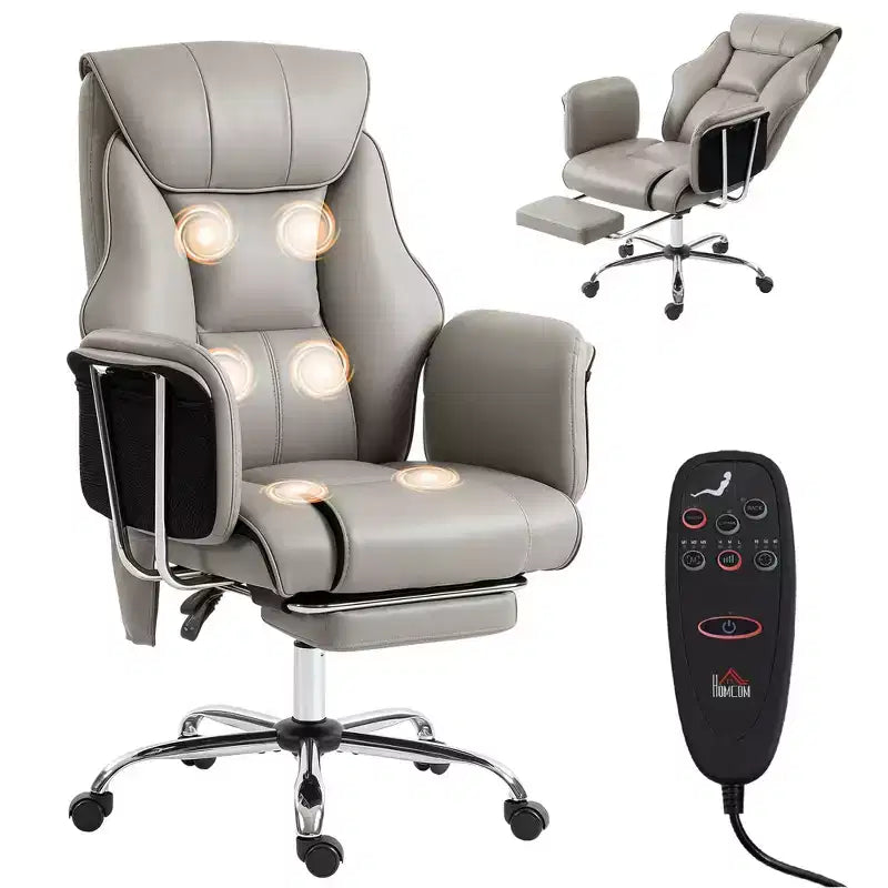 Fauteuil de bureau massant avec 6 points de vibration, fauteuil inclinable surrembourré à dossier haut, en cuir PU, hauteur réglable, roulettes pivotantes