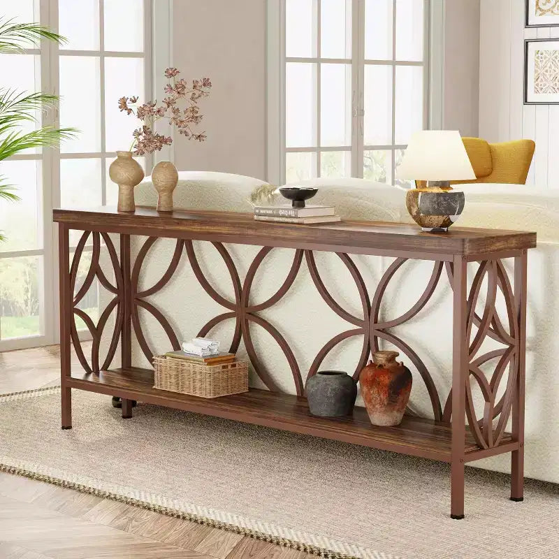Lantine 70.9-Inch Narrow Sofa Table, 2-Tier Industrial Console Table Behind Couch, Long Entry Tables with Storage for Foyer, Hallway, Glossy Brown