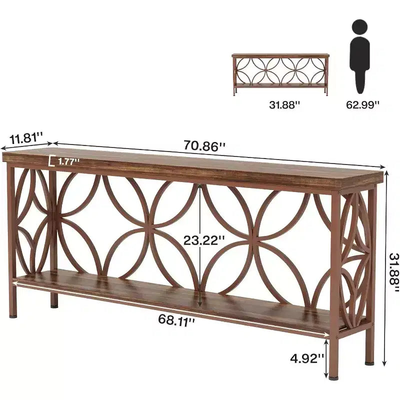 Table de canapé étroite de 70,9 pouces, console industrielle à 2 niveaux derrière le canapé, longue table d'entrée avec rangement pour foyer, couloir, marron brillant