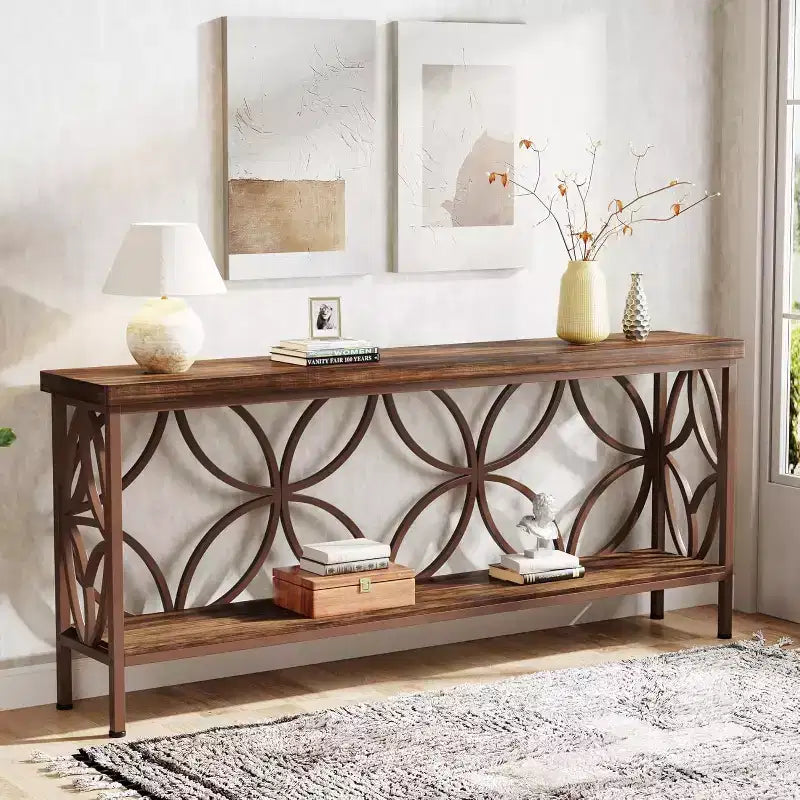 Table de canapé étroite de 70,9 pouces, console industrielle à 2 niveaux derrière le canapé, longue table d'entrée avec rangement pour foyer, couloir, marron brillant
