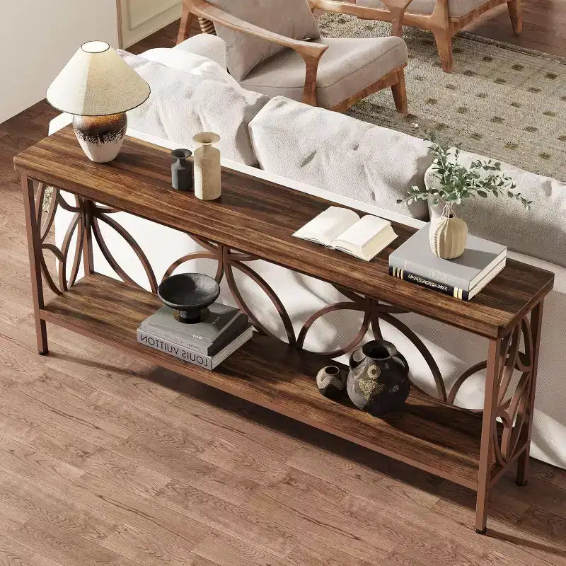 Table de canapé étroite de 70,9 pouces, console industrielle à 2 niveaux derrière le canapé, longue table d'entrée avec rangement pour foyer, couloir, marron brillant