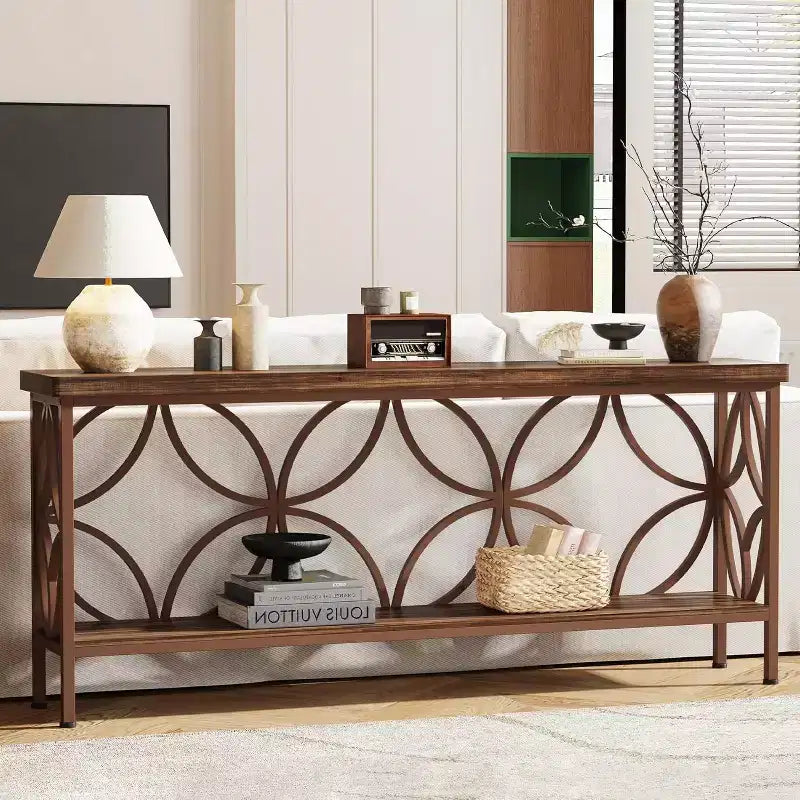 Table de canapé étroite de 70,9 pouces, console industrielle à 2 niveaux derrière le canapé, longue table d'entrée avec rangement pour foyer, couloir, marron brillant