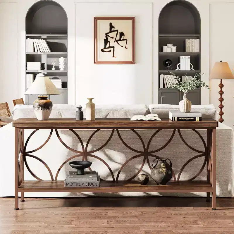 Table de canapé étroite de 70,9 pouces, console industrielle à 2 niveaux derrière le canapé, longue table d'entrée avec rangement pour foyer, couloir, marron brillant