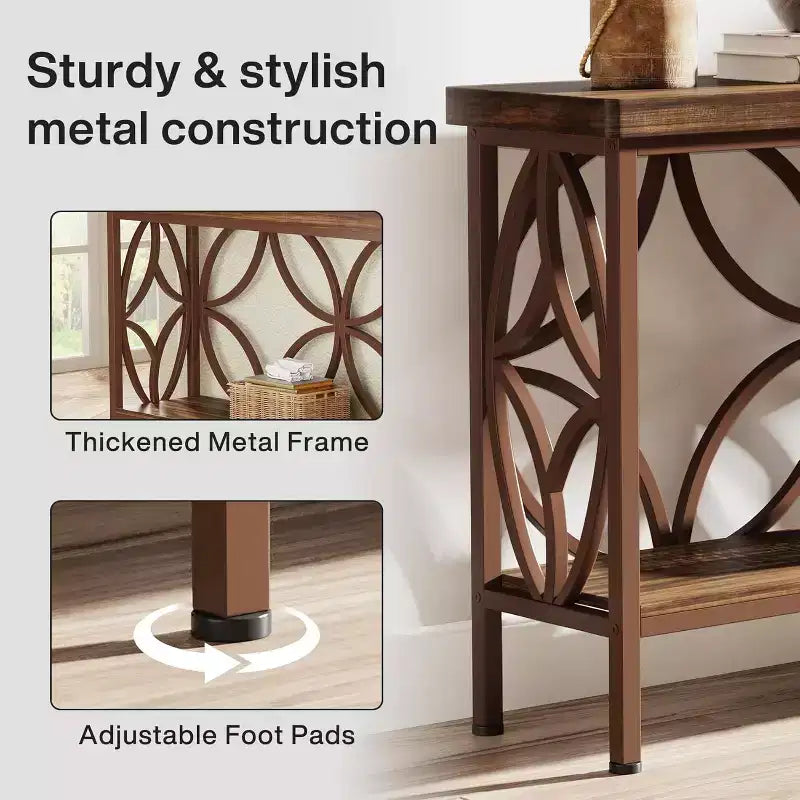Table de canapé étroite de 70,9 pouces, console industrielle à 2 niveaux derrière le canapé, longue table d'entrée avec rangement pour foyer, couloir, marron brillant