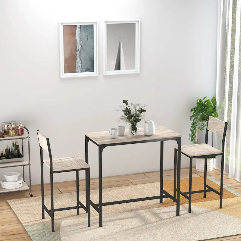 3 Piece Bar Table and Chairs, Industrial Dining Table Set for 2, Counter Height Kitchen Table with Bar stool