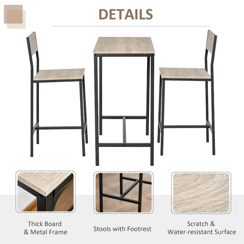 3 Piece Bar Table and Chairs, Industrial Dining Table Set for 2, Counter Height Kitchen Table with Bar stool