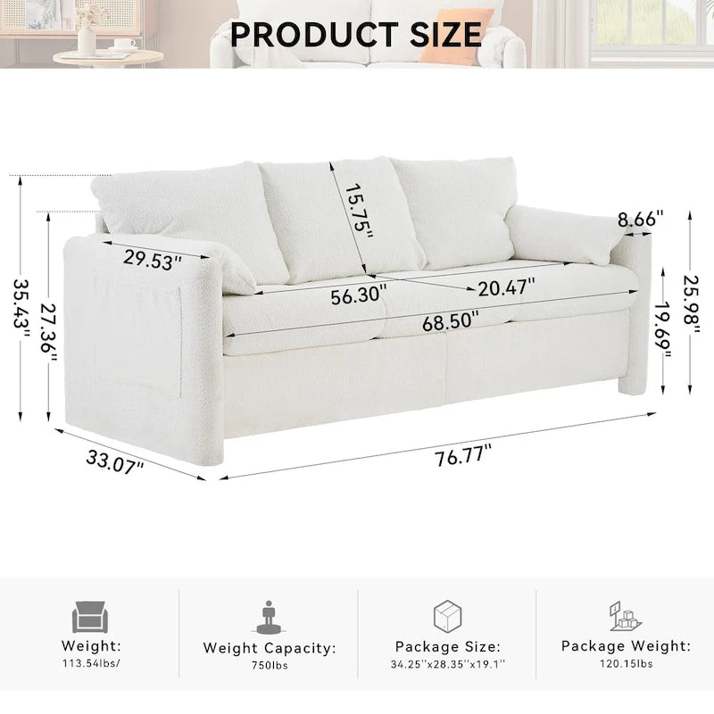 3-Seater Sofa 77 Chenille Couch - Plush Triple Seater Sofa with High-Density Foam Cushions, Deep Seat Living Room Couch