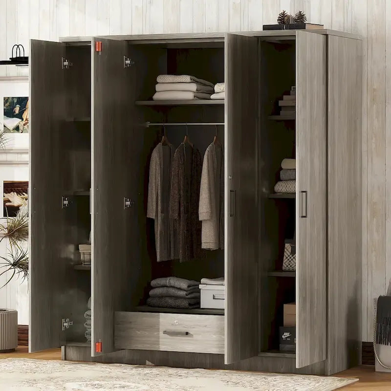 4-Door Wardrobe, Wood Free-Standing Cabinet Closet with Shelves and Drawer, Clothes Organizer for Bedroom Entryway - N/A