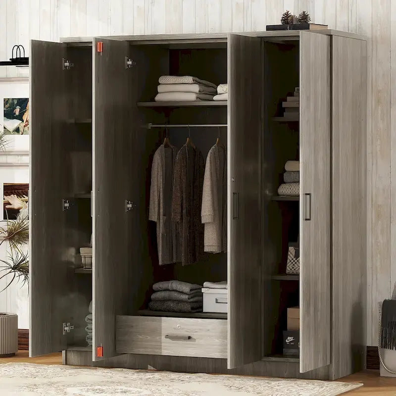 4-Door Wardrobe, Wood Free-Standing Cabinet Closet with Shelves and Drawer, Clothes Organizer for Bedroom Entryway - N/A
