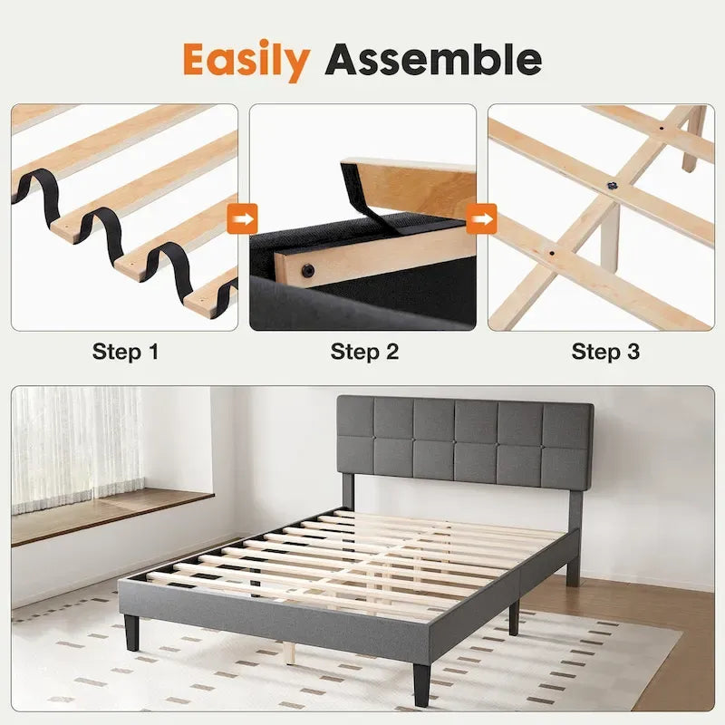 Linen Upholstered Platform Bed with Adjustable Headboard
