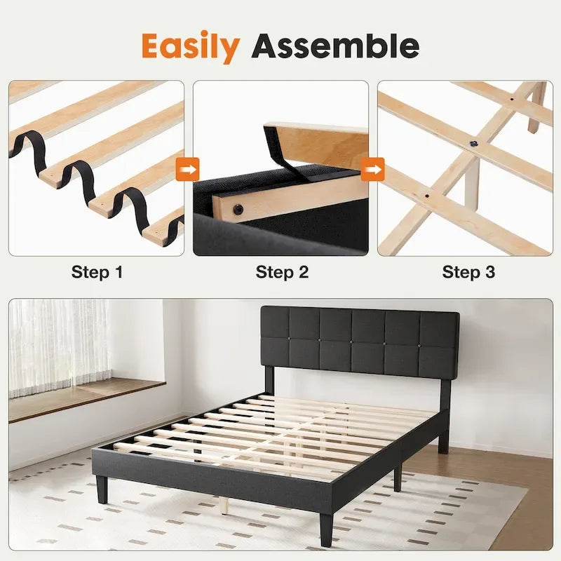 Linen Upholstered Platform Bed with Adjustable Headboard