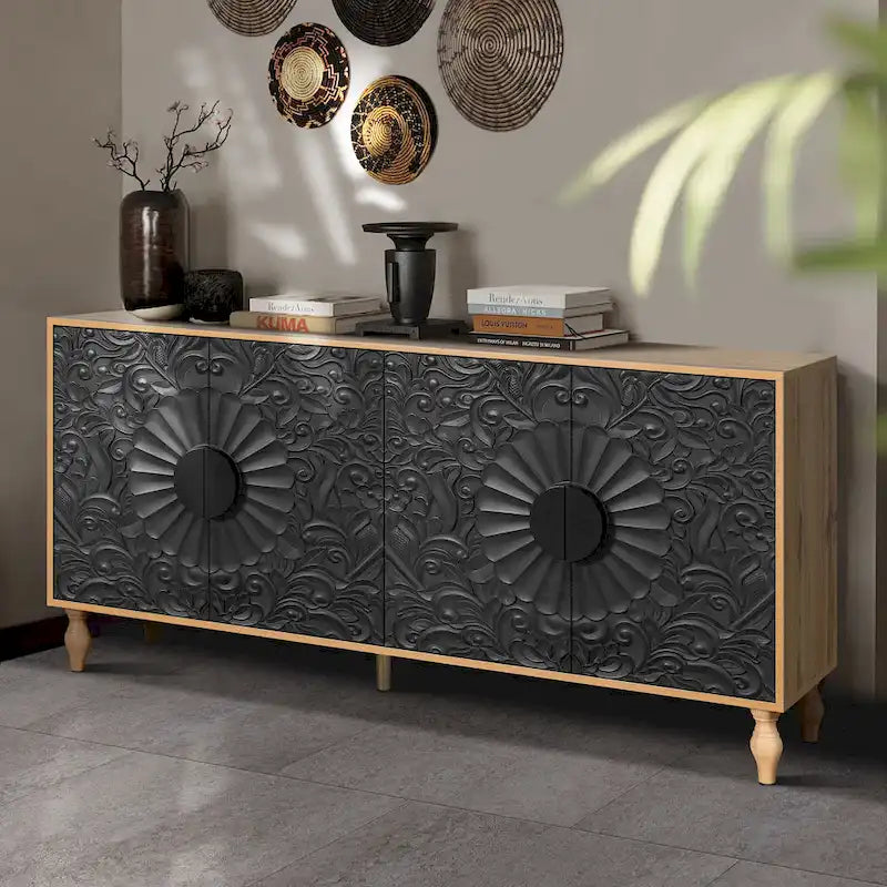 63 Accent TV Stand with Carved Doors & Wood Legs for Living Room