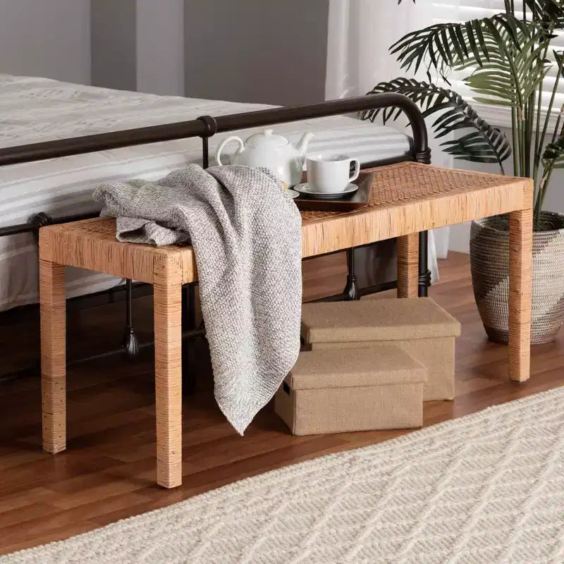 Abelia Natural Rattan and Mahogany Wood Long Accent Bench Natural Brown - Baxton Studio