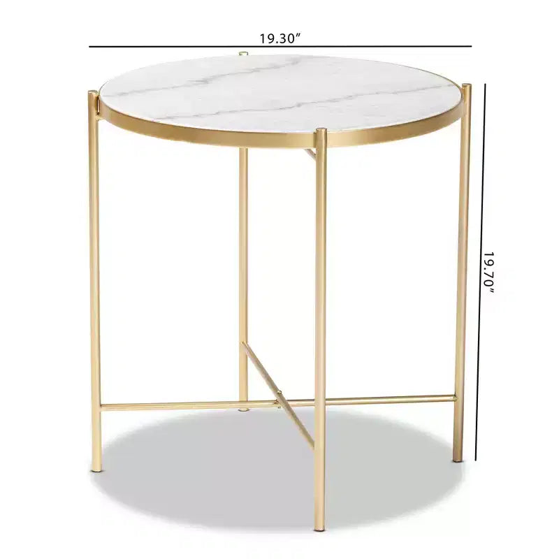 Maddock Metal End Table with Marble Top: No Assembly, Round Side Table - Baxton Studio