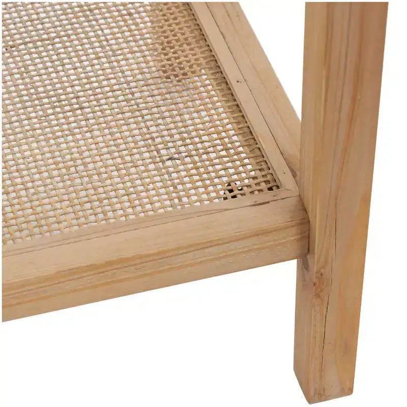 Olivia & May Wood Slim Natural 1 Shelf Console Table with Glass Top and Rattan Shelf Brown