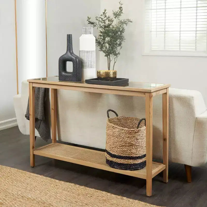 Olivia & May Wood Slim Natural 1 Shelf Console Table with Glass Top and Rattan Shelf Brown