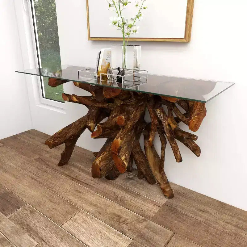 Contemporary Teak Wood Organic Console Table Brown - Olivia & May: Glass Top, No Assembly Required
