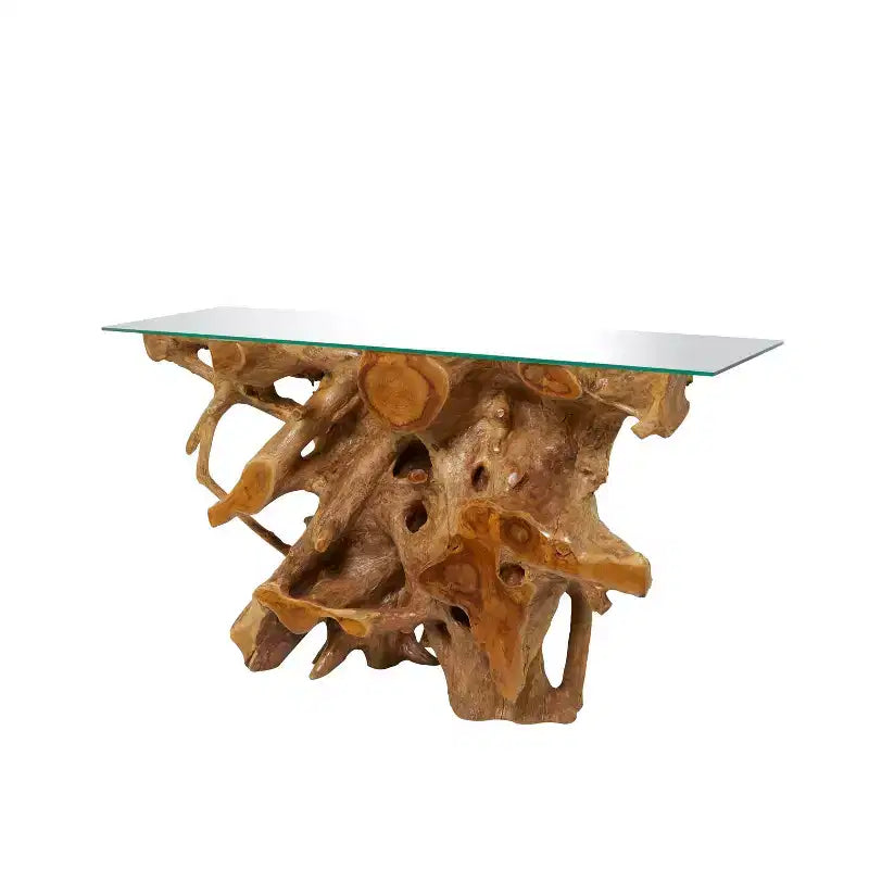 Contemporary Teak Wood Organic Console Table Brown - Olivia & May: Glass Top, No Assembly Required