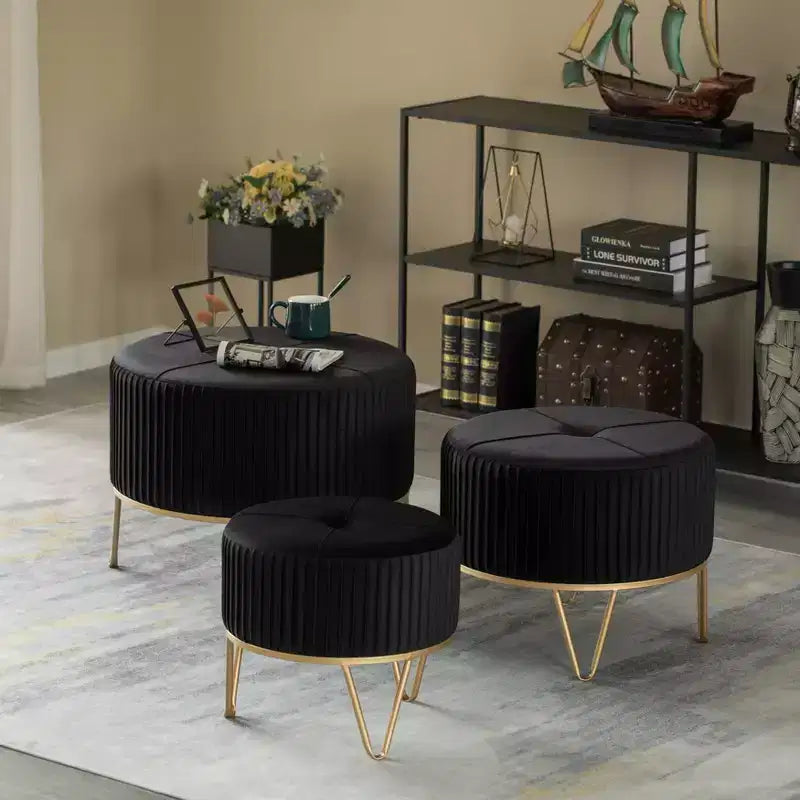 Fabulaxe Round Velvet Ottoman Stool Raised with Hairpin Gold Base
