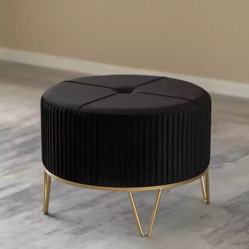 Fabulaxe Round Velvet Ottoman Stool Raised with Hairpin Gold Base