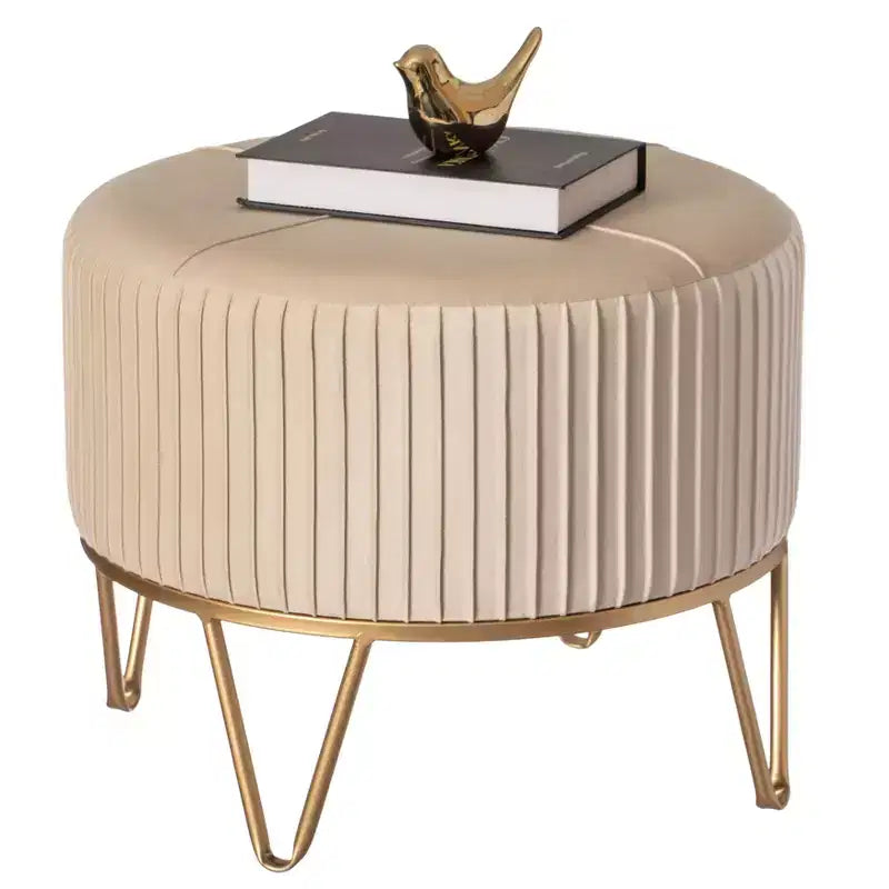 Fabulaxe Round Velvet Ottoman Stool Raised with Hairpin Gold Base