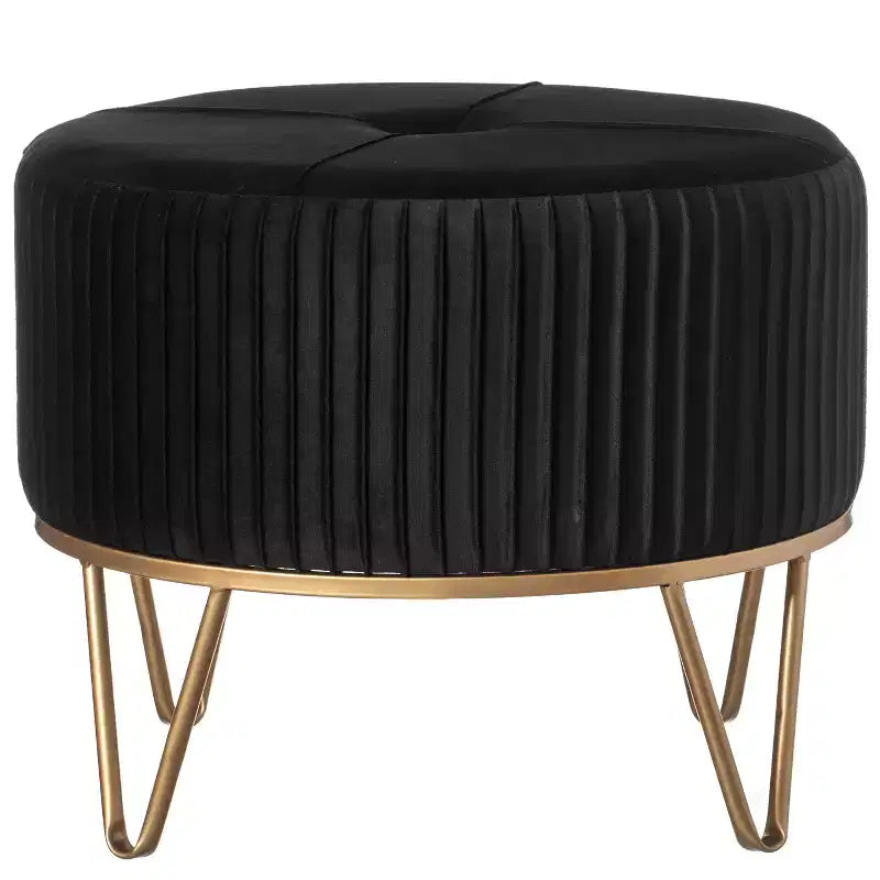Fabulaxe Round Velvet Ottoman Stool Raised with Hairpin Gold Base