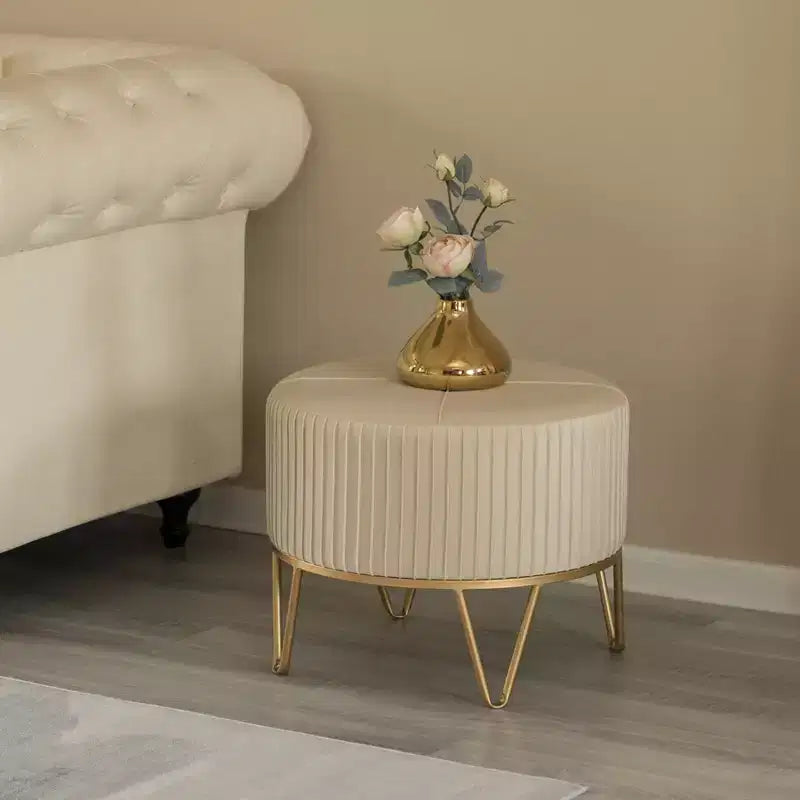 Fabulaxe Round Velvet Ottoman Stool Raised with Hairpin Gold Base
