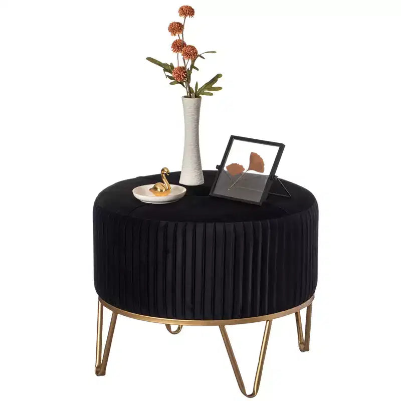 Fabulaxe Round Velvet Ottoman Stool Raised with Hairpin Gold Base