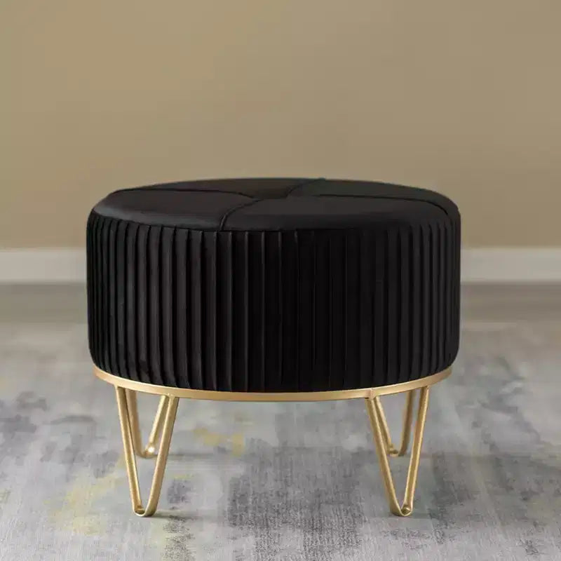 Fabulaxe Round Velvet Ottoman Stool Raised with Hairpin Gold Base