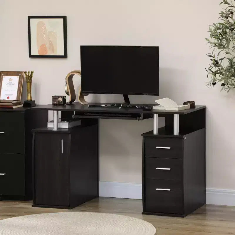 HOMCOM 47 Computer Desk with Keyboard Tray and Storage Drawers, Home Office Workstation Table with Storage Shelves