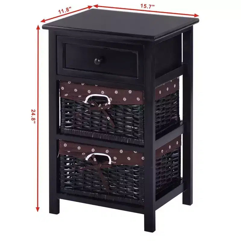 Costway Set OF 2 Night Stand 3 Tier 1 Drawer Bedside End Table Organizer Wood W/2 Basket