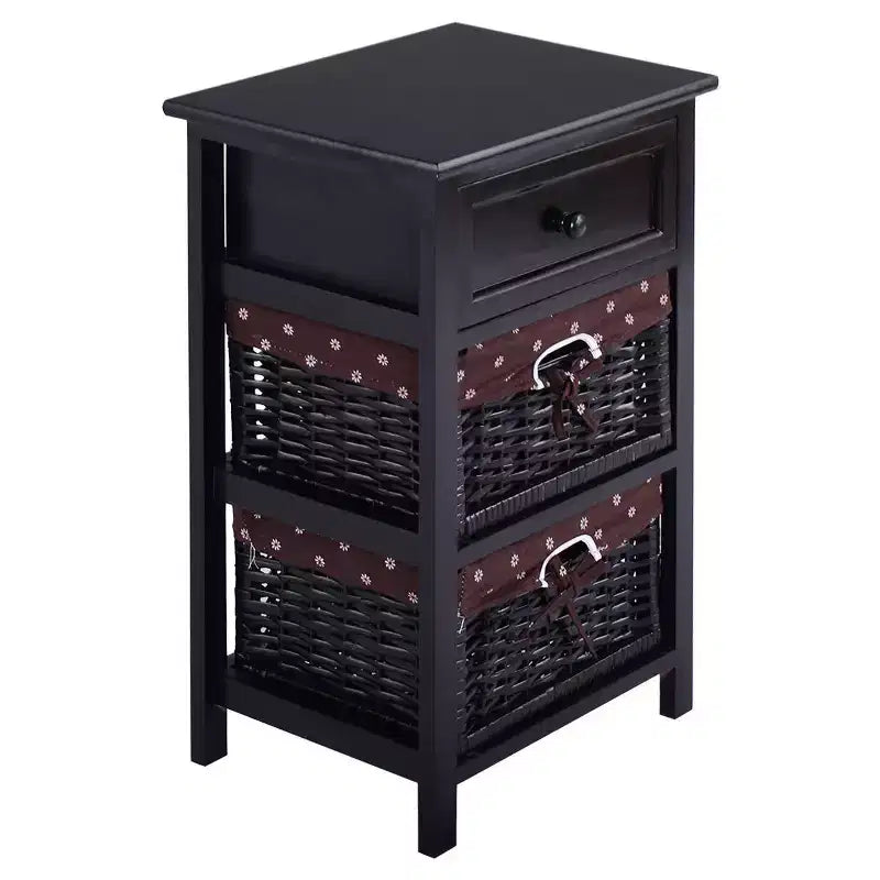 Costway Set OF 2 Night Stand 3 Tier 1 Drawer Bedside End Table Organizer Wood W/2 Basket