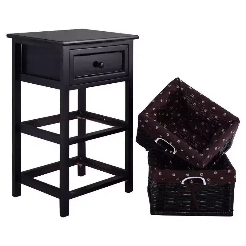 Costway Set OF 2 Night Stand 3 Tier 1 Drawer Bedside End Table Organizer Wood W/2 Basket