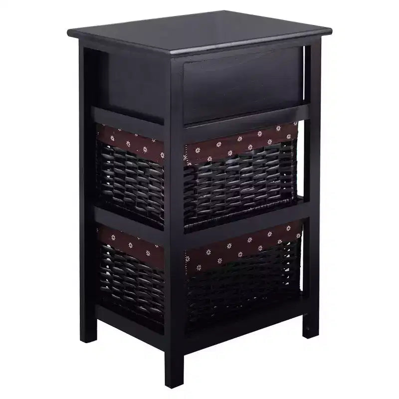 Costway Set OF 2 Night Stand 3 Tier 1 Drawer Bedside End Table Organizer Wood W/2 Basket