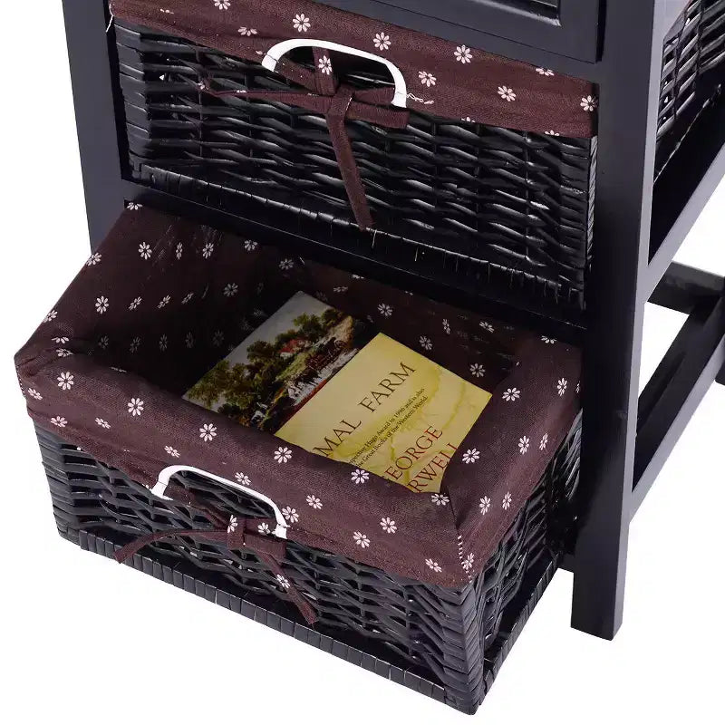 Costway Set OF 2 Night Stand 3 Tier 1 Drawer Bedside End Table Organizer Wood W/2 Basket