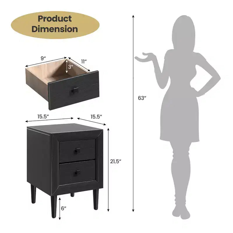 Costway 2 PCS Nightstand End Bedside Coffee Table Wooden Leg Drawers Black\Grey\White
