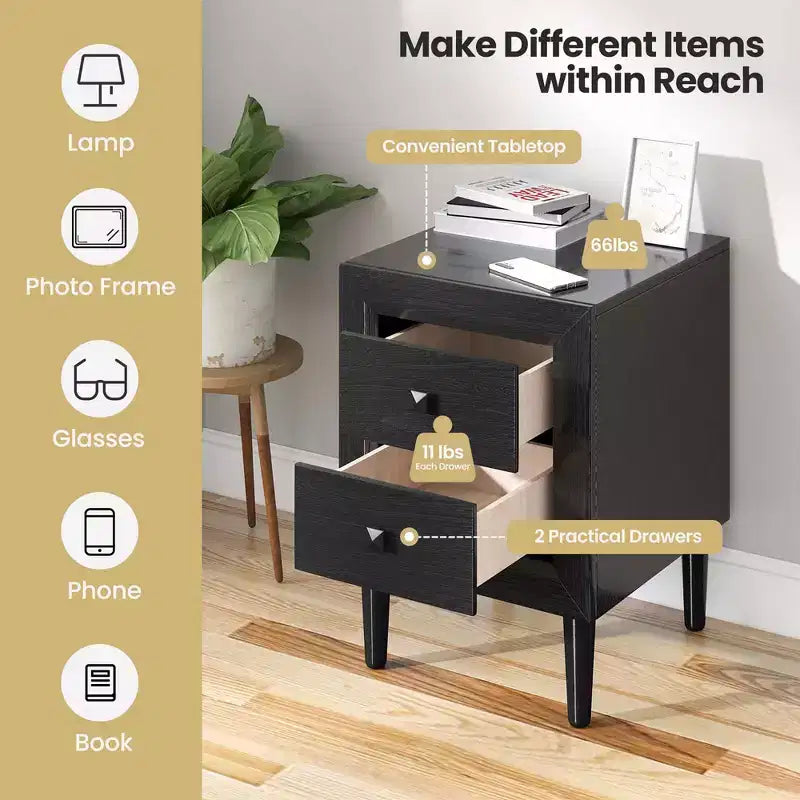 Costway 2 PCS Nightstand End Bedside Coffee Table Wooden Leg Drawers Black\Grey\White