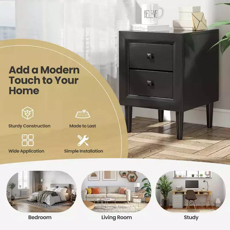 Costway 2 PCS Nightstand End Bedside Coffee Table Wooden Leg Drawers Black\Grey\White