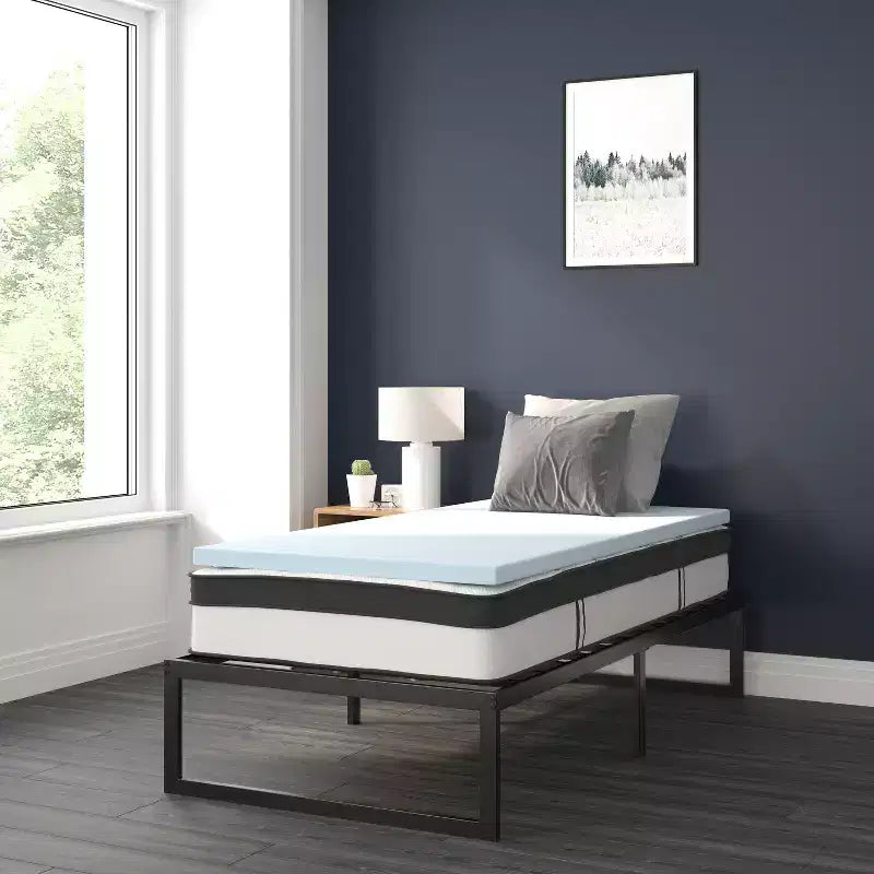 Flash Furniture 14 Inch Metal Platform Bed Frame with 10 Inch Pocket Spring Mattress in a Box and 2 Inch Cool Gel Memory Foam Topper