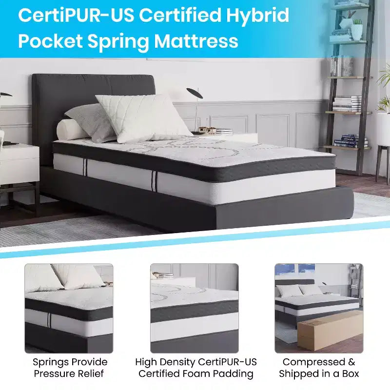 Flash Furniture 14 Inch Metal Platform Bed Frame with 10 Inch Pocket Spring Mattress in a Box and 2 Inch Cool Gel Memory Foam Topper