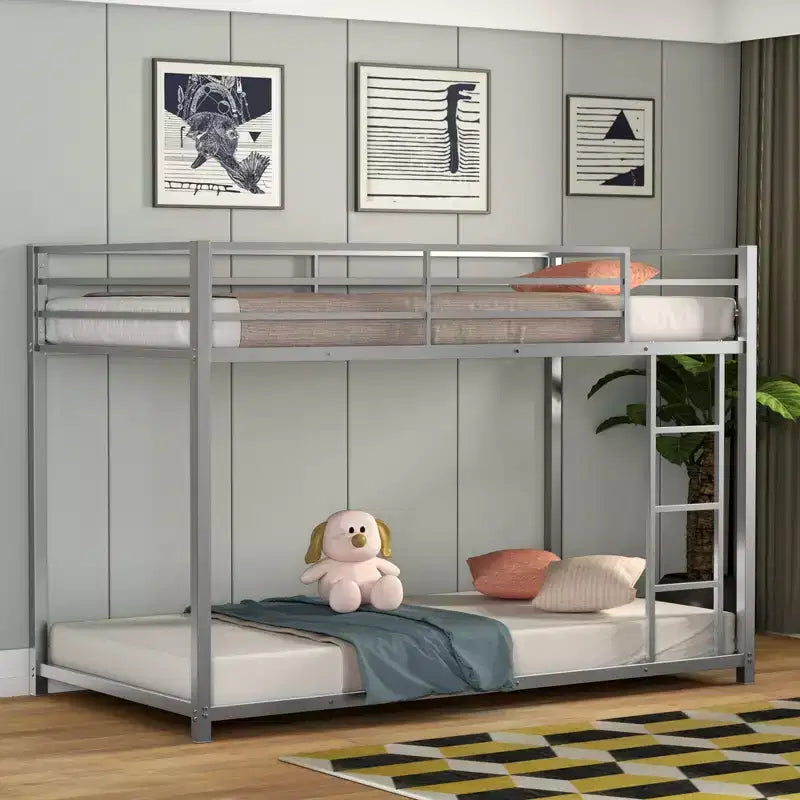 Costway Twin Bunk Bed Twin Over Frame Platform W/ Guard Rails & Side Ladder Silver